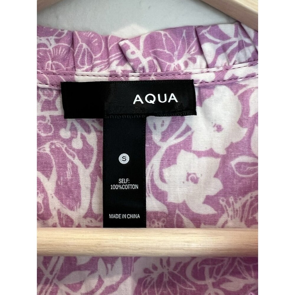 Aqua Women’s Top Small Size Floral Print Tassel Tie 100% Cotton Purple White - Picture 4 of 9